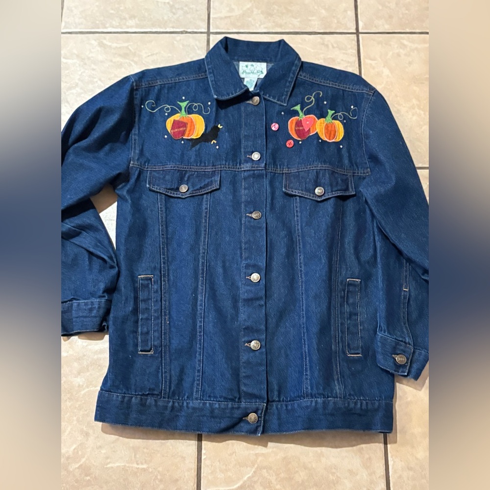 Embroidered Fall/Halloween Denim Jacket with Pumpkin Patch Design